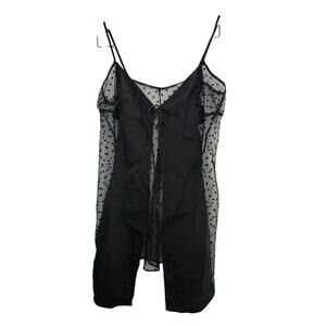 Victoria’s Secret Black polka dot silk flower tie front L negligee